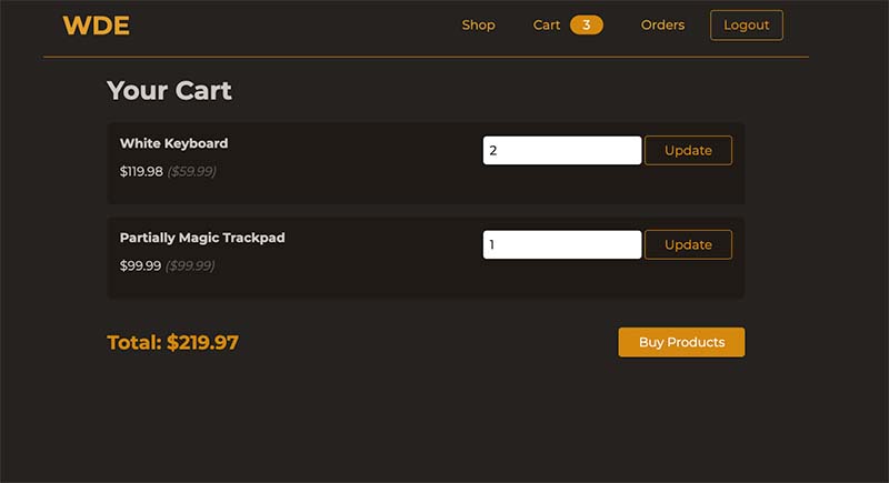 An online shop web site, showing the current cart items of a shop user.