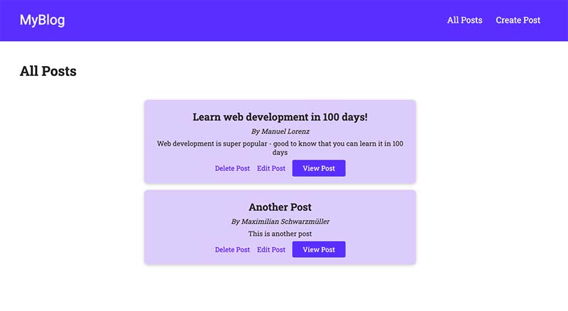 A blog website, showing a list of created blog posts.